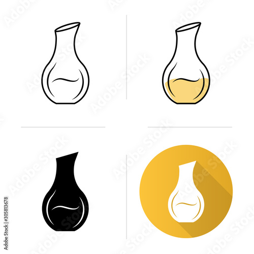 Decorative decanter with alcohol beverage icons set. party aperitif drink. Bar, winery. Glassware, tableware. Flat design, linear, black and color styles. Isolated vector illustrations