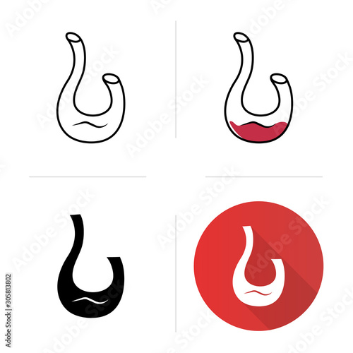 Decorative swan decanter icons set. Wine service. Alcohol beverage. Aperitif drink. Tableware, glassware. Flat design, linear, black and color styles. Isolated vector illustrations