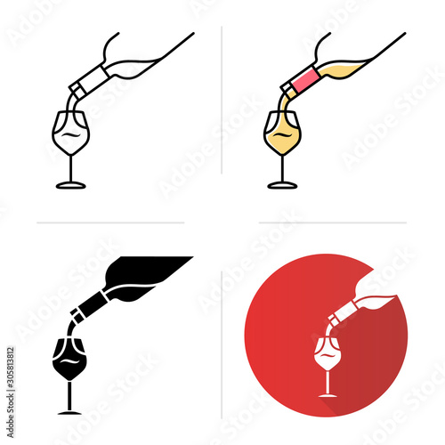 Alcohol beverage pouring in glass icons set. Aperitif drink bottle. Barman, sommelier, winery. Bar, restaurant, party glassware. Flat design, linear, black and color styles. Isolated vector