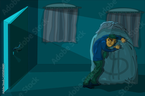 Greedy businessman with a bag of money. Cartoon illustration of a man hiding a money bag for tax evasion, financial crime, money laundering concept. Greed wealth money concept. Stock vector EPS