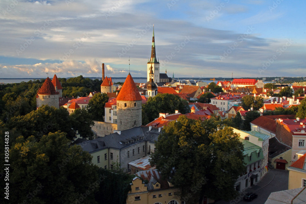 Downtown historical medieval Tallinn skyline at sunset