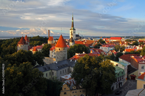 Downtown historical medieval Tallinn skyline at sunset