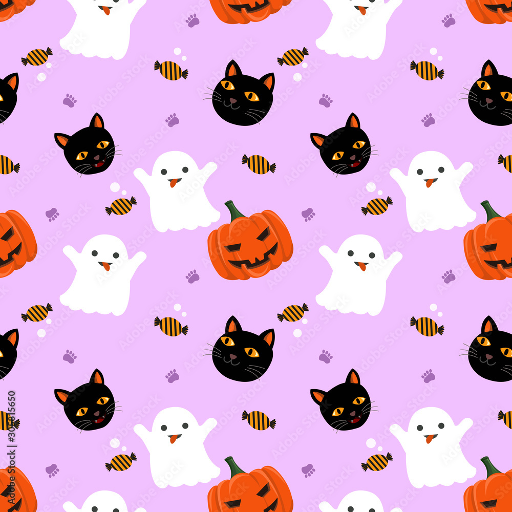 Halloween pumpkin and ghost with black cat seamless pattern.