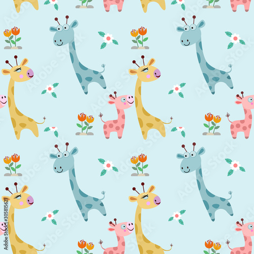 Cute cartoon giraffe family in flowers garden seamless pattern.