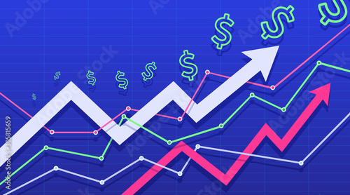 Financial chart with the two arrows and dollar icons going up. Vector illustration.