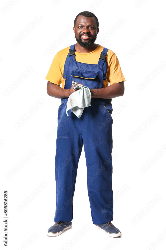 African-American car mechanic on white background African-American car mechanic on white background