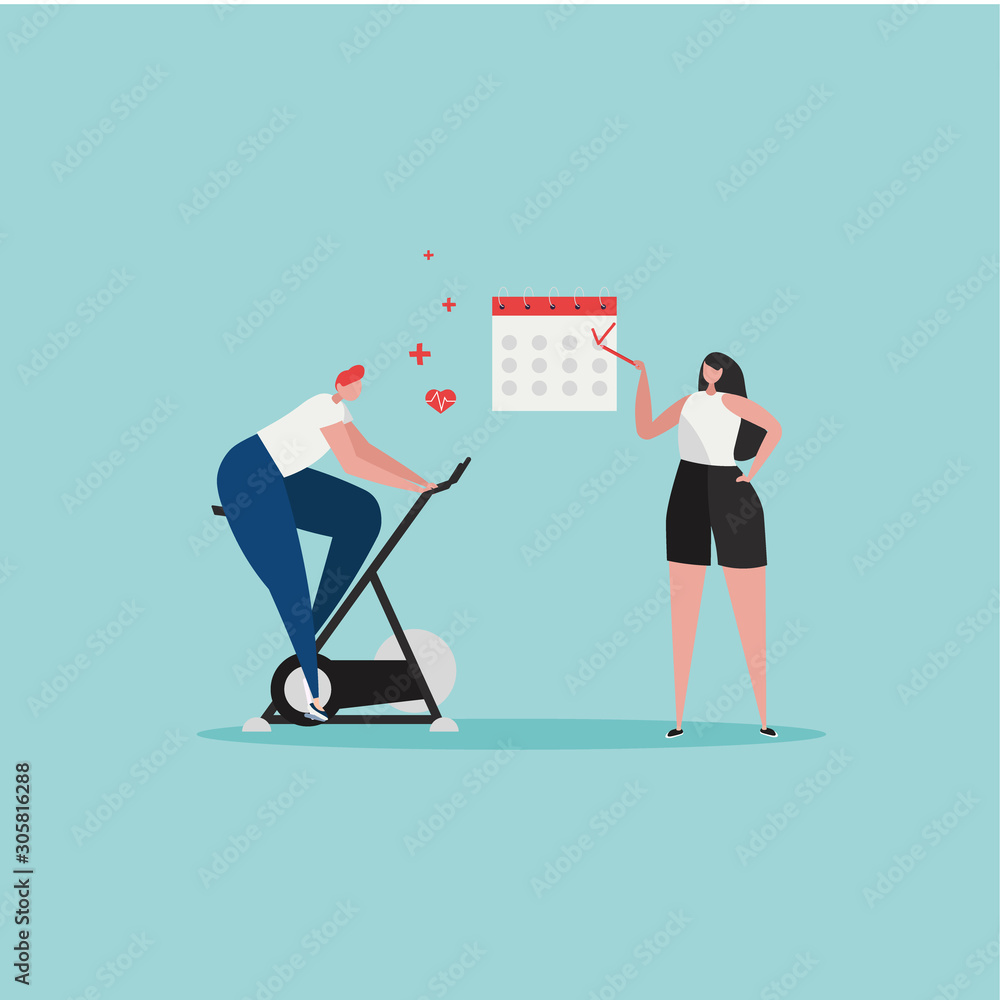 Sport gym, planning fitness vector illustration. Flat tiny slim fit body people training with exercise bike in the gym with schedule. Weight management, individual dietary service design