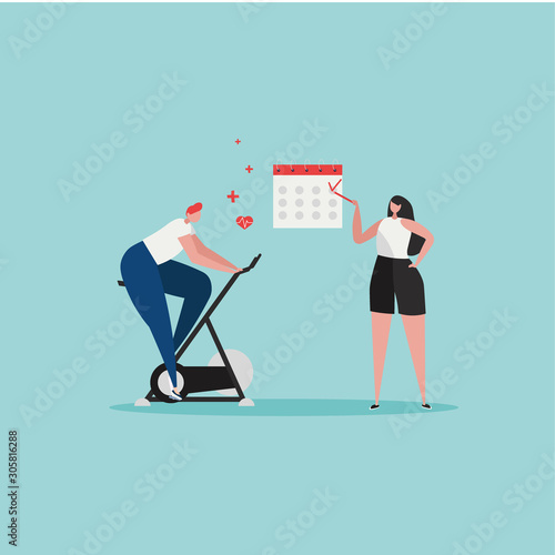 Sport gym, planning fitness vector illustration. Flat tiny slim fit body people training with exercise bike in the gym with schedule. Weight management, individual dietary service design