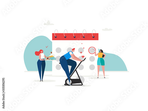Keto diet, planning fitness. Flat tiny slim fit body people concept. Diet plan schedule, training, nutrition control and vegetables, fish, oil. Weight management, individual dietary service design