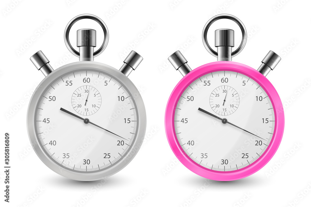 Realistic Gray and Pink Classic Stopwatch Icon Set Closeup Isolated on White Background. Stop-watch Design Template. Sport Timer on Competitions. Start, finish, Time Management. Stock Vector Realistic Gray and Pink Classic Stopwatch Icon Set Closeup Isolated on White Background. Stop-watch Design Template. Sport Timer on Competitions. Start, finish, Time Management. Stock Vector