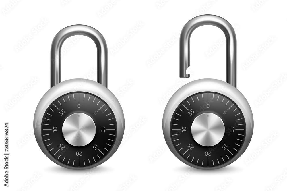 Vector 3d Realistic Closed, Opened Metal Steel Chrome Silver Padlock Icon Set Closeup Isolated on White Background. Design Template of Lock for Protection Privacy Concept, Web and Mobile Apps, Logo Vector 3d Realistic Closed, Opened Metal Steel Chrome Silver Padlock Icon Set Closeup Isolated on White Background. Design Template of Lock for Protection Privacy Concept, Web and Mobile Apps, Logo