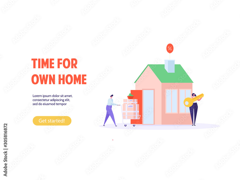 Concept of mortgage, purchase house, real estate, abstract ownership. Family Man and Woman buy house with key. Vector illustration in flat cartoon design Concept of mortgage, purchase house, real estate, abstract ownership. Family Man and Woman buy house with key. Vector illustration in flat cartoon design