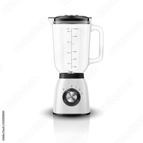 Vector 3d Realistic Electric White Juicer Blender Appliance with Glass Container Icon Closeup Isolated on White Background. Design Template, Health Food and Drink Concept