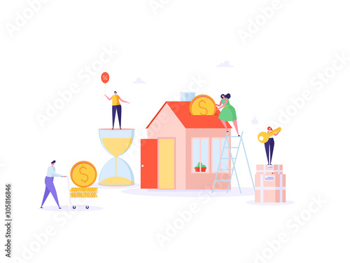 Concept of mortgage, purchase house, real estate, abstract ownership. Family Man and Woman buy house with key. Vector illustration in flat cartoon design