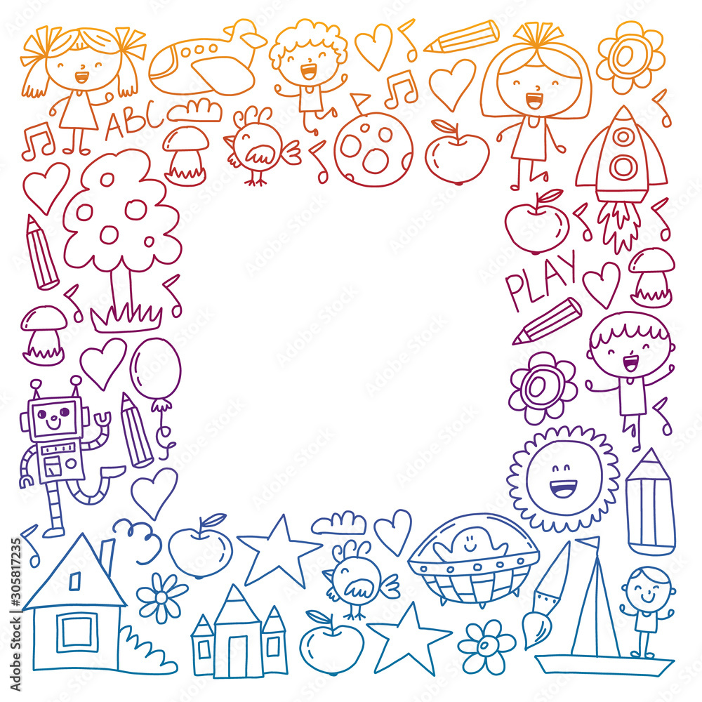 Vector set of Back to School icons in doodle style. Painted, colorful, pictures on white background.