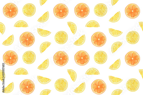 Lemon and orange slices repeat pattern on the white background, watercolor simple ornament