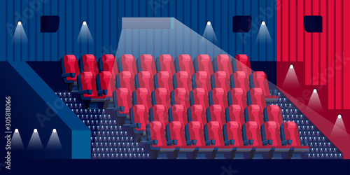 Cinema hall interior. Empty red armchairs rows in dark theater. Vectorillustration. Movie or concert selling tickets