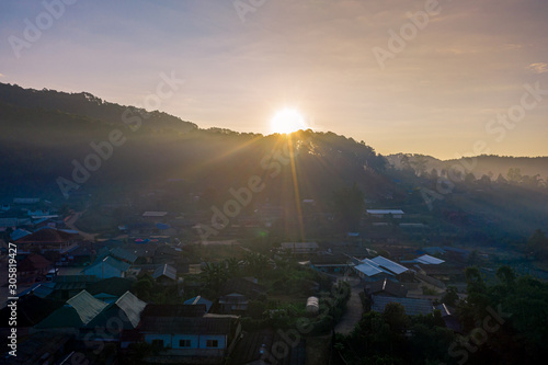 Aerial landscape of Ban Rak Thai with sunrise in the morning located in Maehongsan province  Thailand.