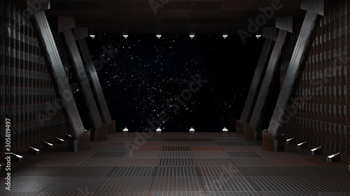 Fototapeta Naklejka Na Ścianę i Meble -  sci fi  corridor with view of space galaxy 3d rendering