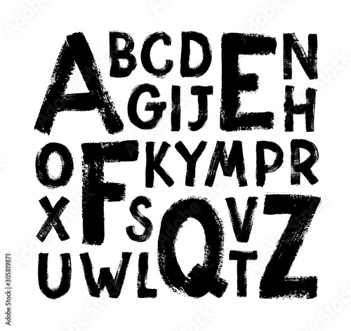Vector font of grunge letters. Hand drawn ink alphabet. Grunge scratch type font. Stamp style uppercase letters.