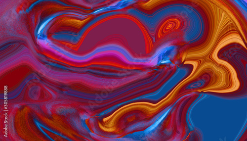 Dark blue, red and pink abstract liquid paint textured background with decorative spirals and swirls. Holographic neon surface pattern for modern creative trendy design