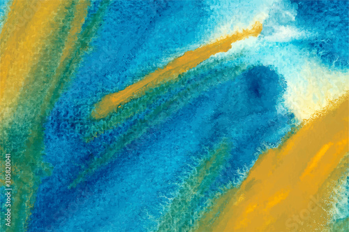 Turquoise and yellow watercolor vector wallpaper. Blue watercolor background. Hand drawn brush strokes ink illustration.