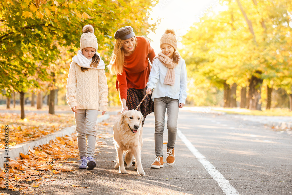 Happy family with dog walking in autumn park Happy family with dog walking in autumn park