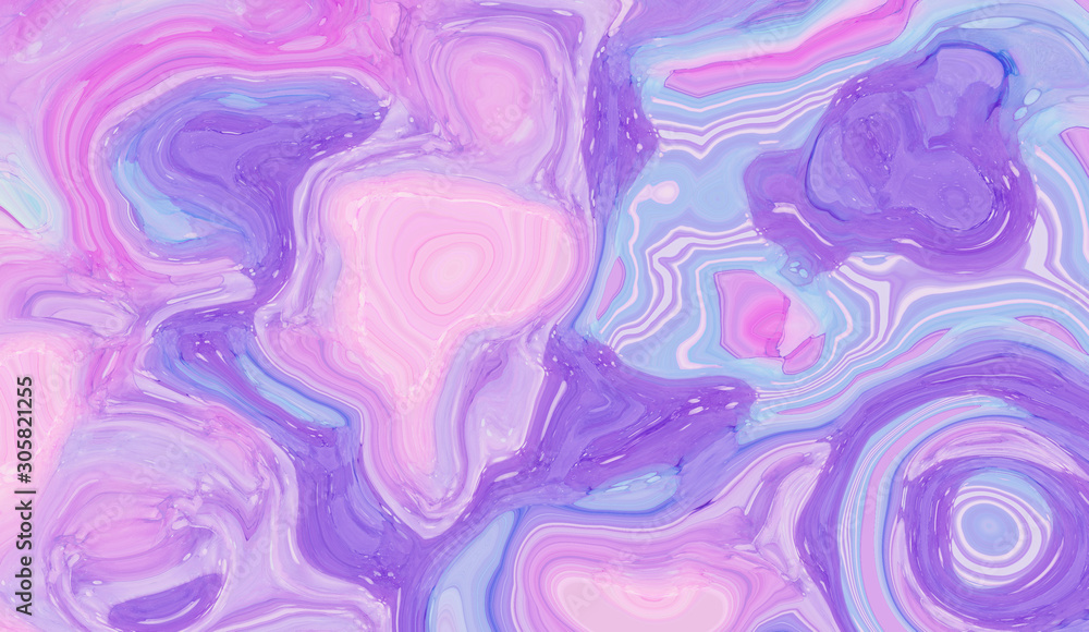 Light pink, blue and purple abstract liquid paint textured background with decorative spirals and swirls. Holographic pattern for modern creative trendy design, marble texture style for illustrations