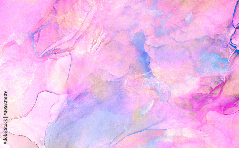 Trendy ethereal light blue, pink and purple alcohol ink abstract background. Bright liquid watercolor paint splash texture effect illustration for card design, banners, modern graphic design