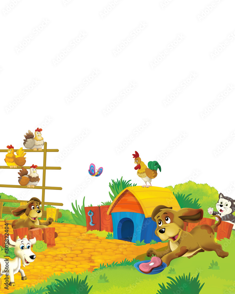 cartoon scene with different animals on a farm having fun on white background - illustration for children cartoon scene with different animals on a farm having fun on white background - illustration for children