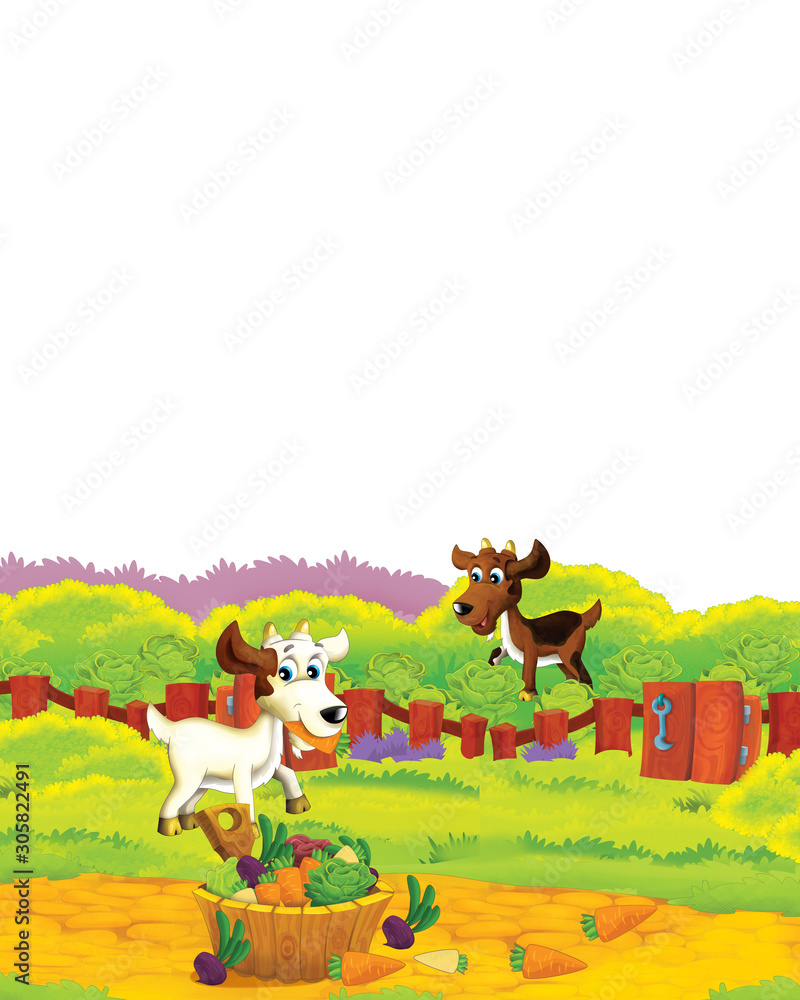 Fototapeta premium Cartoon farm scene with animal goat having fun on white background - illustration for children