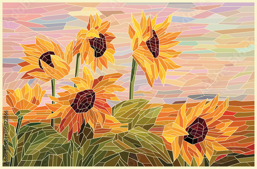 Stained glass window sunflowers in the field. Yellow sunflowers against the pink evening sky. Vector hand drawing full color