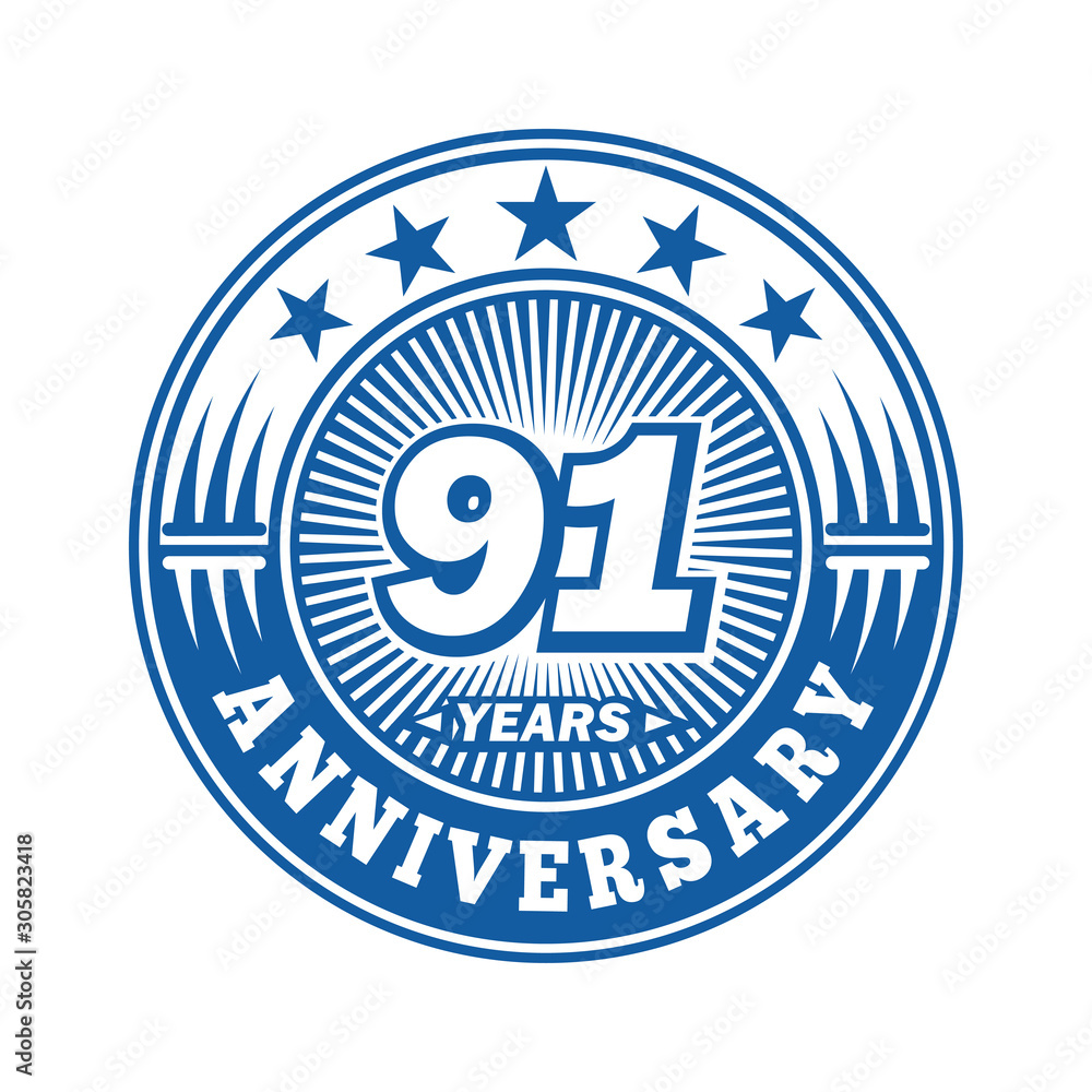 91 years logo. Ninety-one years anniversary celebration logo design. Vector and illustration.