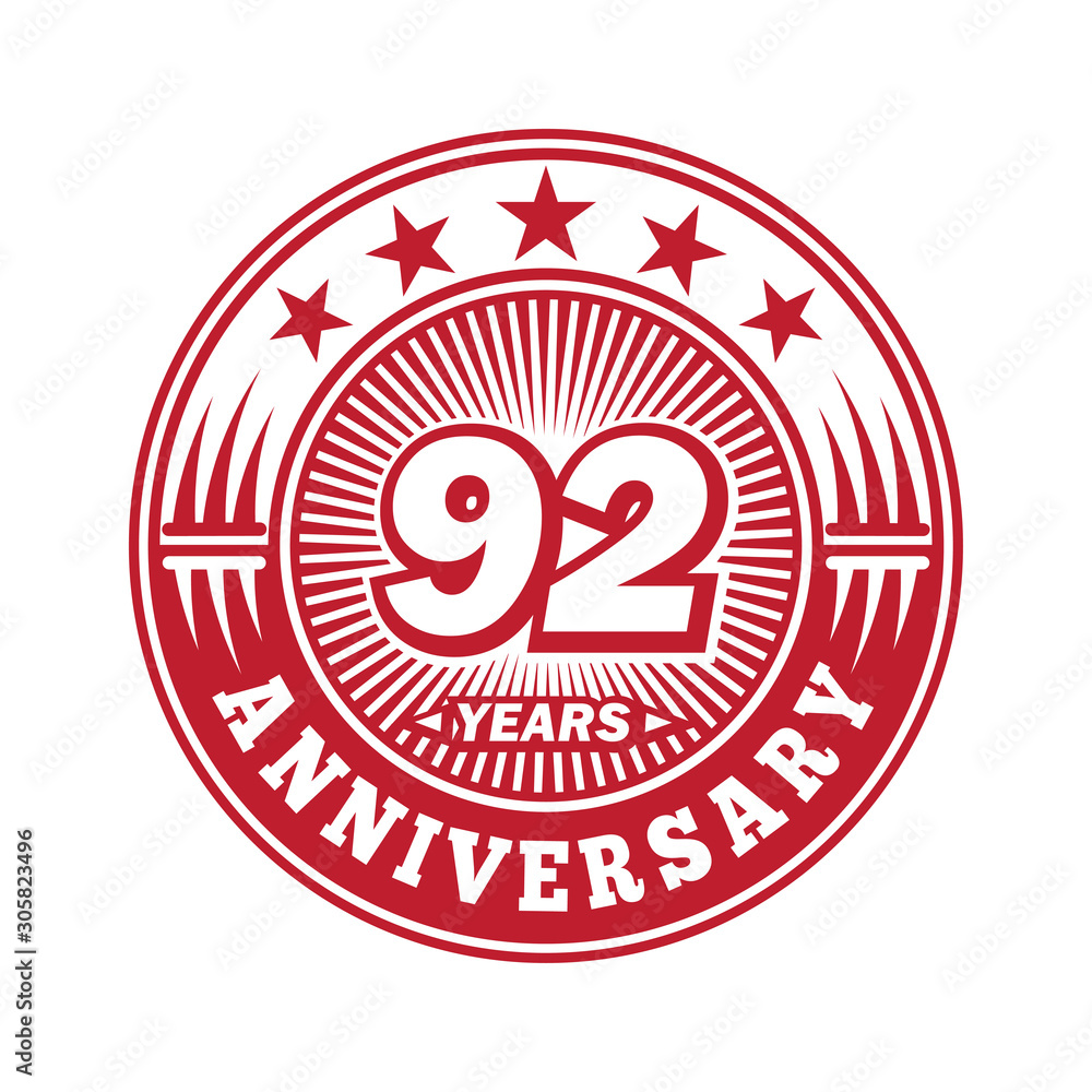 92 years logo. Ninety-two years anniversary celebration logo design. Vector and illustration.