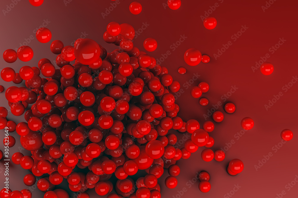 3D rendering of abstract science fiction concept. Group of spheres levitate. Flying spheres in empty space, abstract bubbles. Red balls on red background.