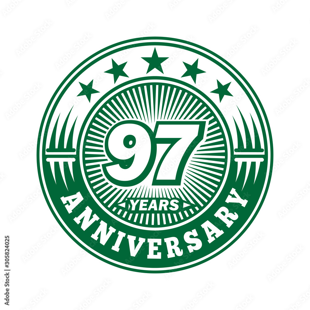 97 years logo. Ninety-seven years anniversary celebration logo design. Vector and illustration.