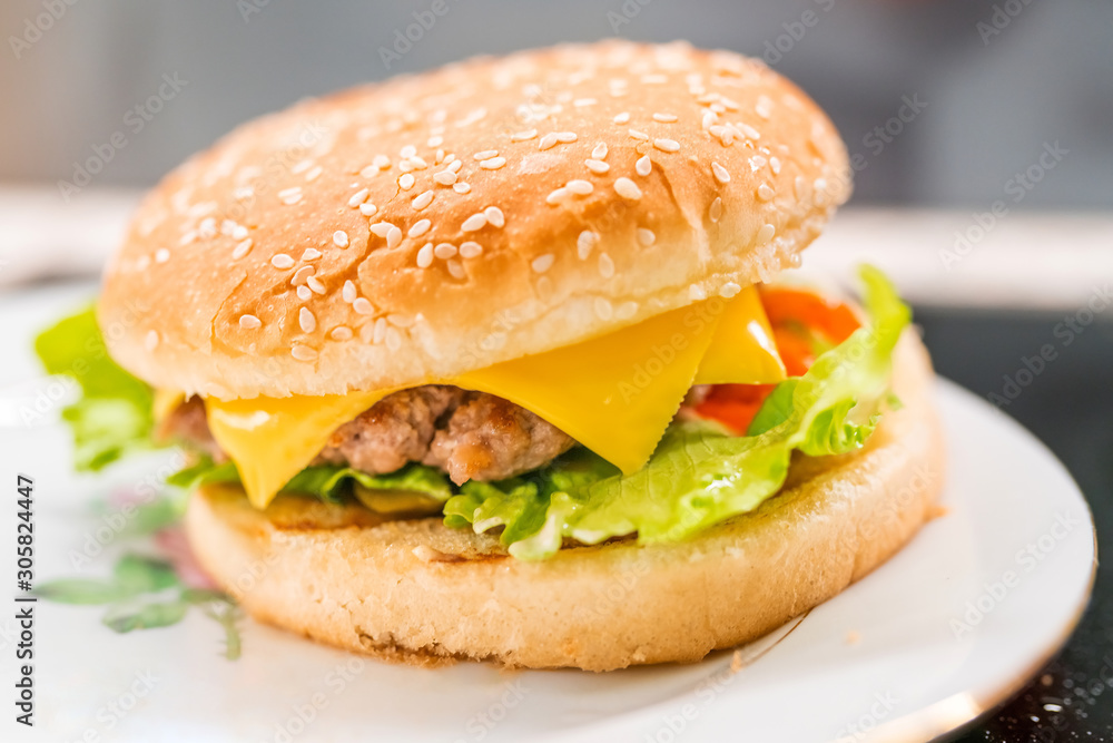 Homemade hamburger on the plate closeup. Selective focus