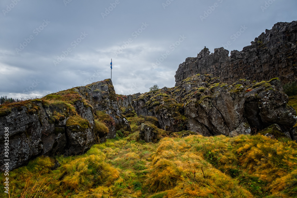 Fototapeta premium Thingvellir National Park - famous area in Iceland right on the spot where the atlantic tectonic plates meets. UNESCO World Heritage Site. September 2019