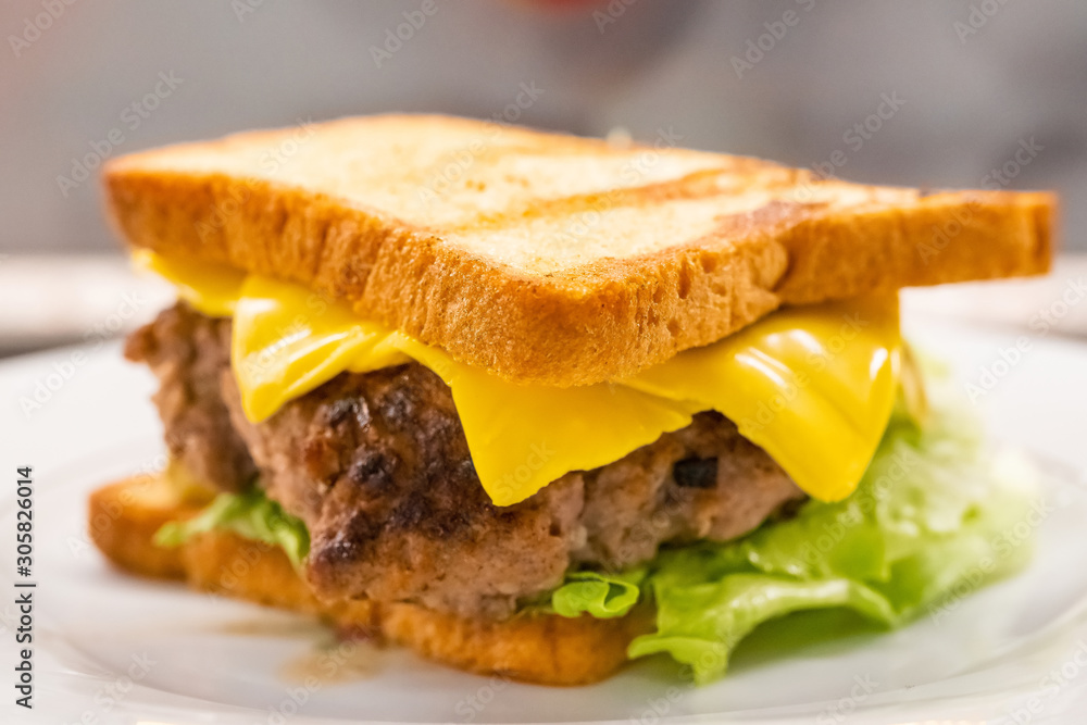 Homemade sandwich on the plate closeup. Selective focus Homemade sandwich on the plate closeup. Selective focus