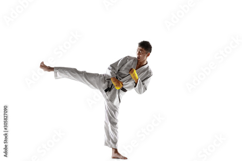 Confident korean man in kimono practicing hand-to-hand combat, martial arts. Young male fighter with black belt training isolated on white studio background. Concept of healthy lifestyle, sport.