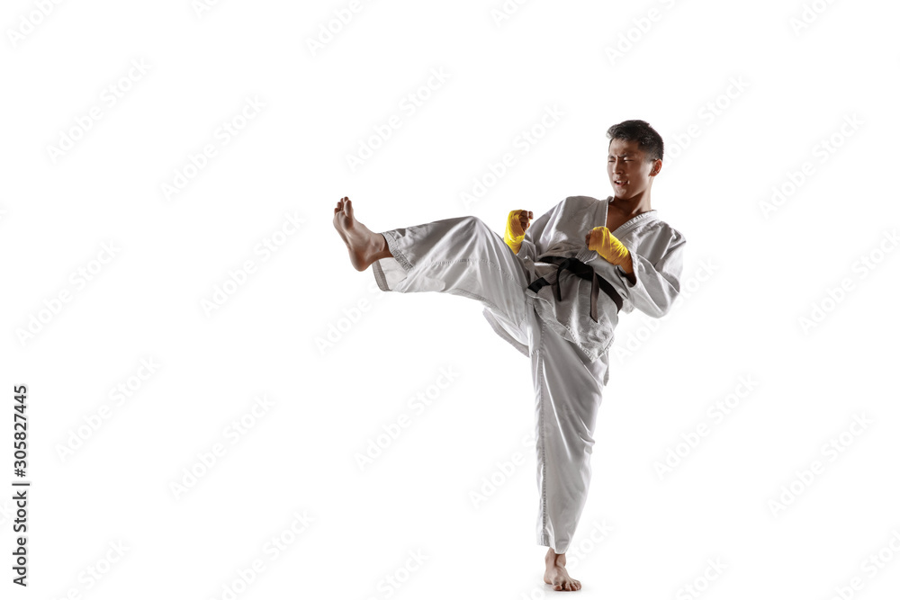 Confident korean man in kimono practicing hand-to-hand combat, martial arts. Young male fighter with black belt training isolated on white studio background. Concept of healthy lifestyle, sport.