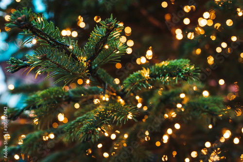 Outdoor decorated Christmas tree with light garland, selective focus