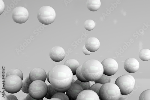 3D rendering of abstract science fiction concept. Group of spheres levitate. Flying spheres in empty space, abstract bubbles. White balls on gray background.