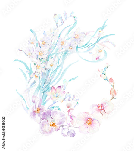 Watercolor illustration of a bouquet with a purple and delicate pink rose, leaves and bud, greeting card © TAOZHU GONG