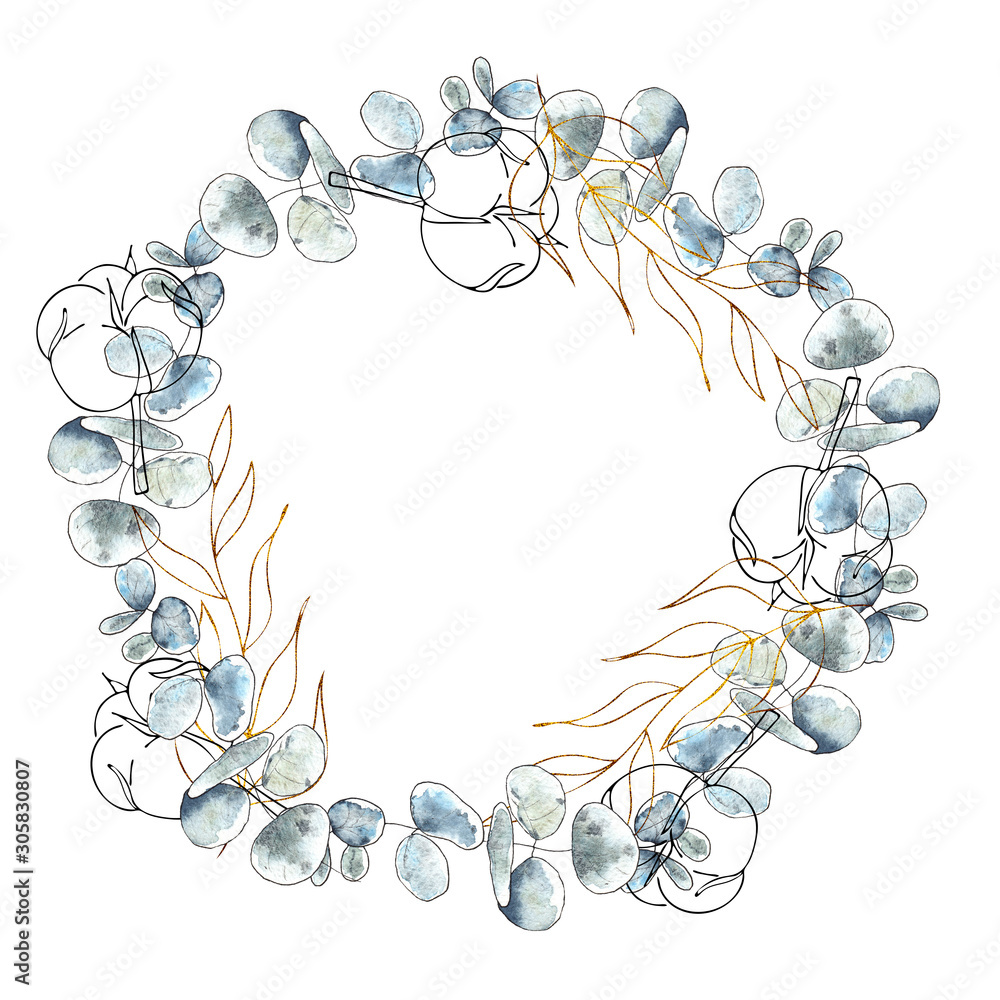 Fototapeta premium Watercolor floral season wreath with flowers, cotton, blue branches, brown twigs, gold and black Floral silhouettes of cotton, For wedding invitation, card making