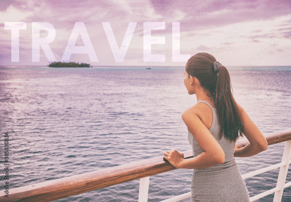 Travel motivational quote adventure lifestyle tourist on boat on cruise ship trip vacation in Asia. Word TRAVEL text written on background.