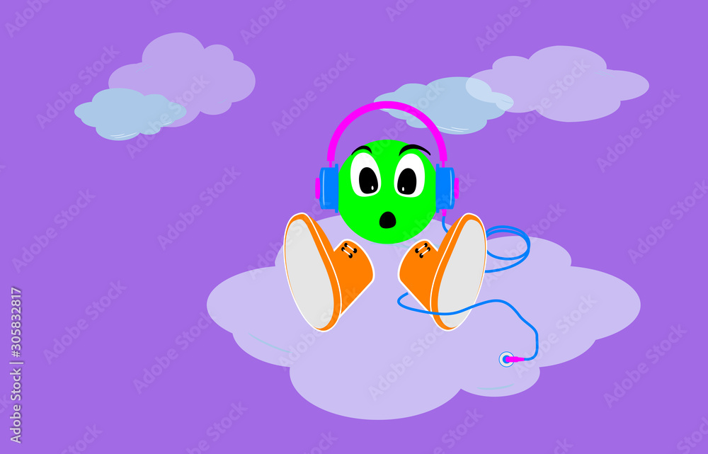 Obraz premium Illustration, Folder with digital sound files in the cloud. Headset graphic. Cartoon, drawing with surprise facial expression. Listening to music at height. Hosting, virtual data server.