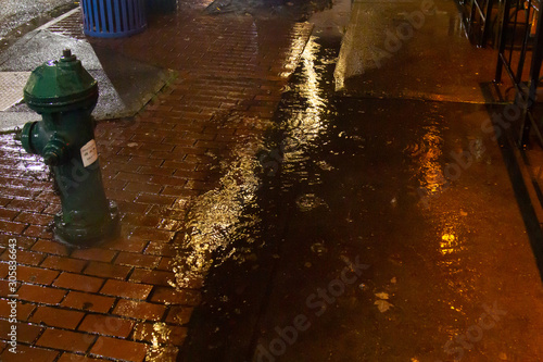 Rainy sidewalk with fire hydrant and relfections photo
