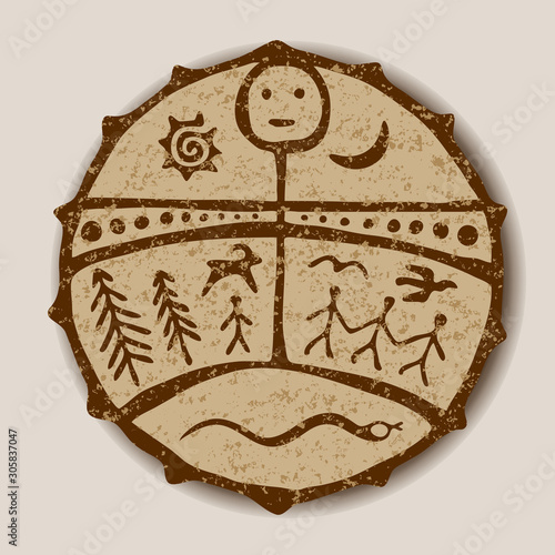 Vector drawing, improvisation on the theme of shamanic tambourine. The ancient culture of the peoples of Siberia.