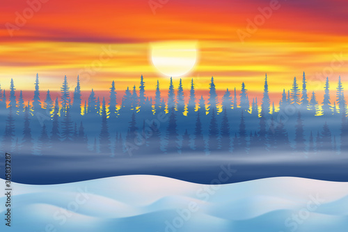 Fantasy on the theme of the winter landscape. The sun sets behind the trees. Forest and snow drifts. Vector illustration, EPS10